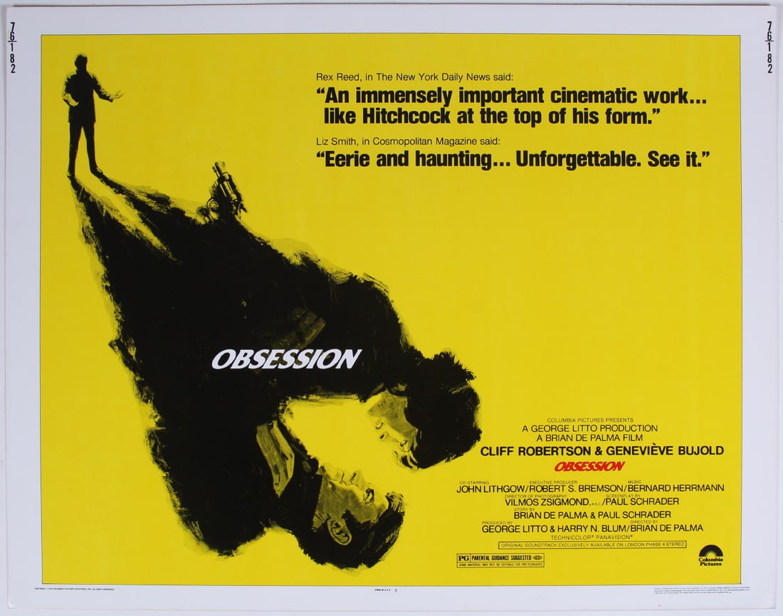Obsession: OBSESSION, 1976, jumbo window card, 22 x 28”, starring Cliff Robertson, Genevieve Bujold, directed by Brian De Palma, music by Bernard Herrmann, Columbia Pictures, numbered 76-182 upper right an