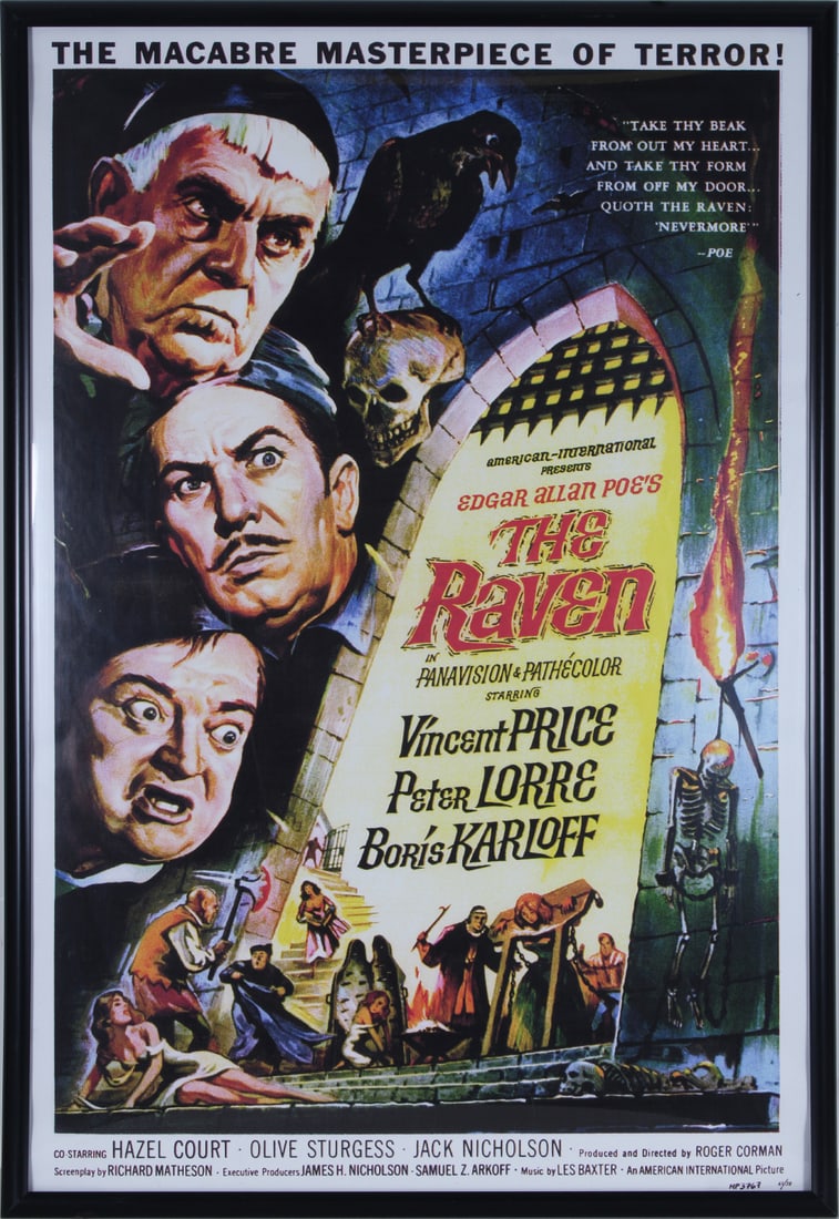 The Raven: THE RAVEN, reproduction, 40 x 27”, starring Vincent Price, Boris Karloff, Peter Lorre, directed by Roger Korman, frame 41 x 28” with Plexiglas.