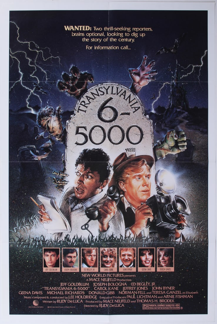 Transylvania 6-5000 (two): TRANSYLVANIA 6-5000, 1985, two of the same one-sheets with folds as issued, 41 x 27”, starring Jeff Goldblum, Gena Davis, directed by Rudy DeLuca, Music by Lee Holdridge, New World Pictures. (2)
