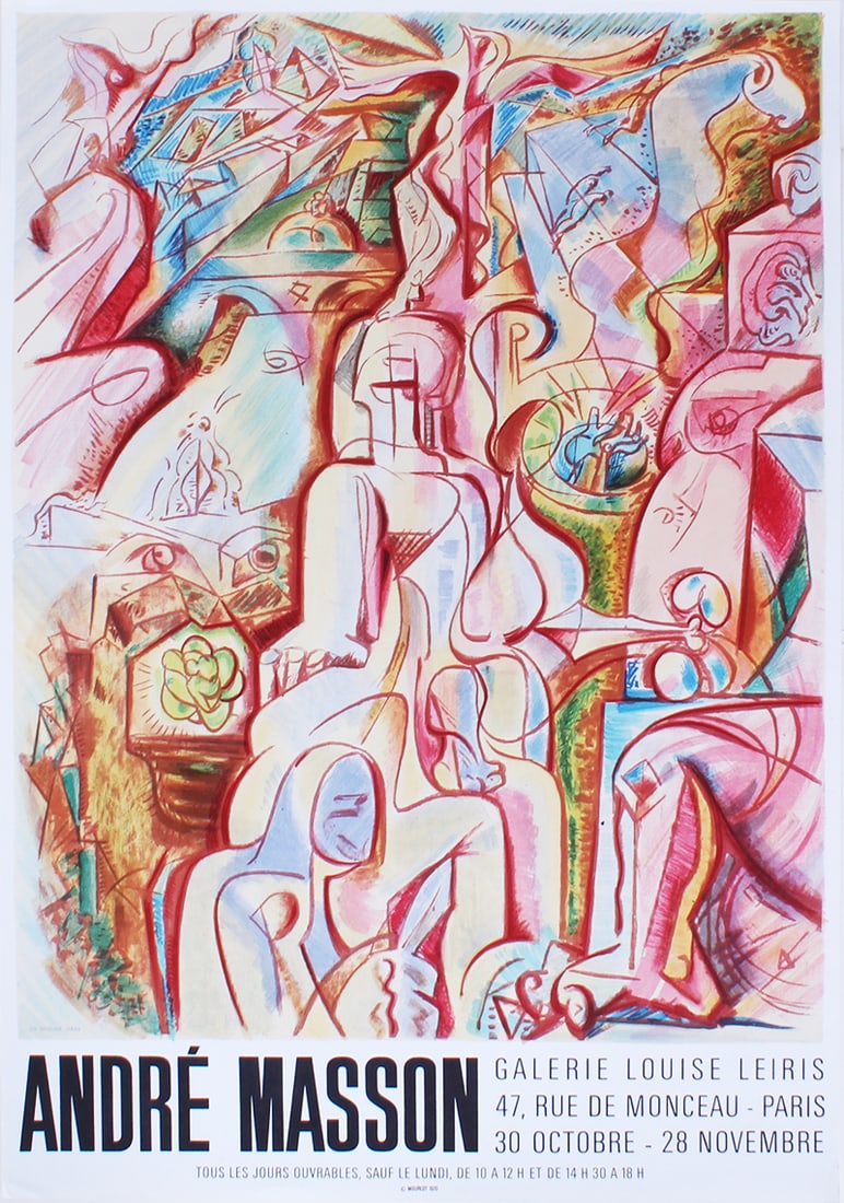 Andre Masson (1896-1987) French: ANDRE MASSON GALERIE LOUISE LEIRIS, 1970, Charles Sorlier color lithograph poster, printed by Mourlot, 27 ¼ x 19 ½”.