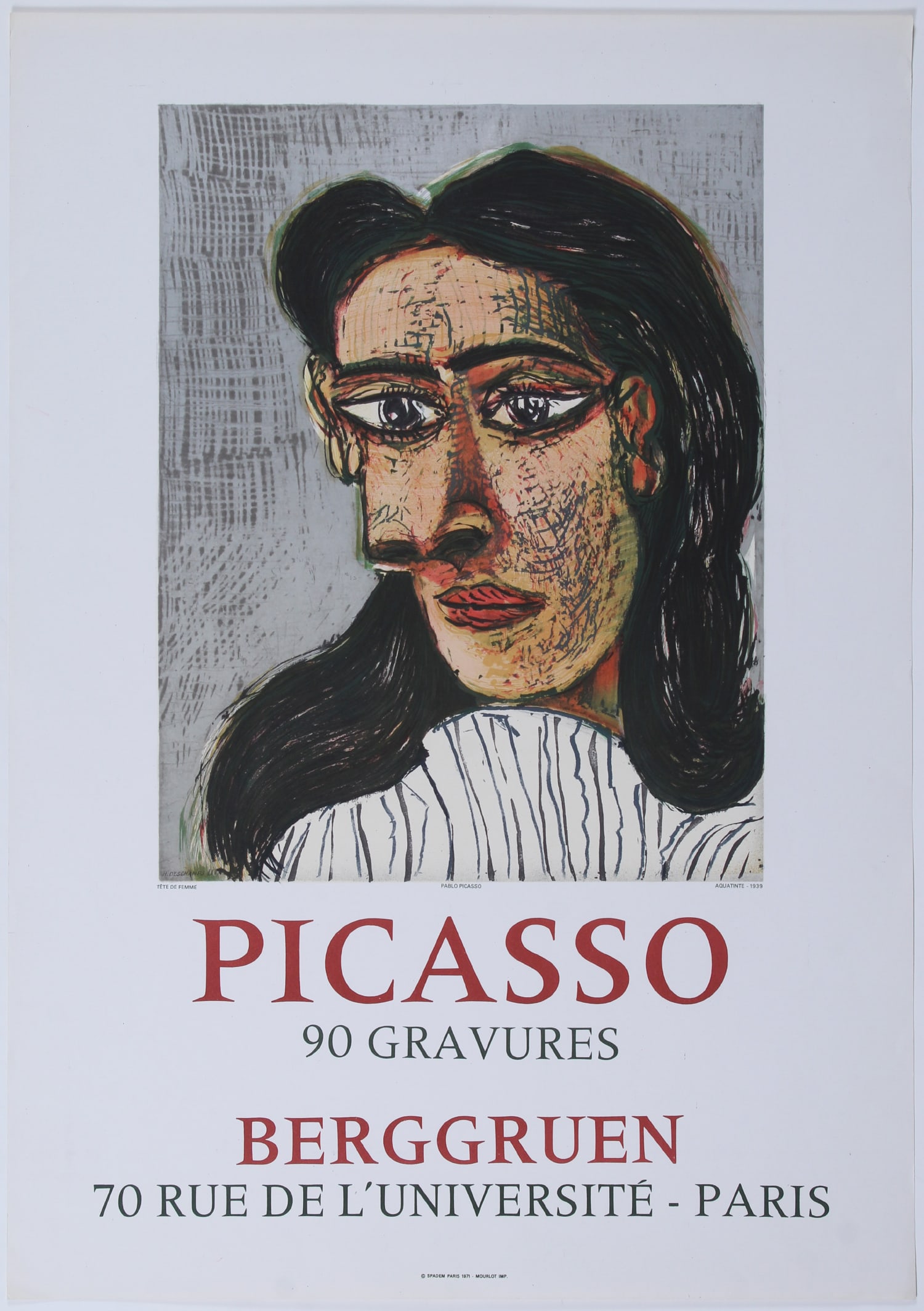 Pablo Picasso (1881-1973) Spanish: 90 GRAVURES AT BERGGRUEN PARIS, 1971, Henri Deschamps color lithograph poster, printed by Mourlot, copyright SPADEM Paris, 27 ¾ x 20”.