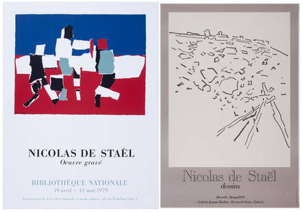 Nicolas De Stael  (1914-1955) French  (three): OEUVRE GRAVE, 1979, two of the same color lithograph posters, Bibliotheque Nationale, 30 x 22 &frac12;&rdquo;; DESSINS, 1979, color poster, Galerie Jeanne Bucher Paris, printed by Jarach Paris, 30 x 2