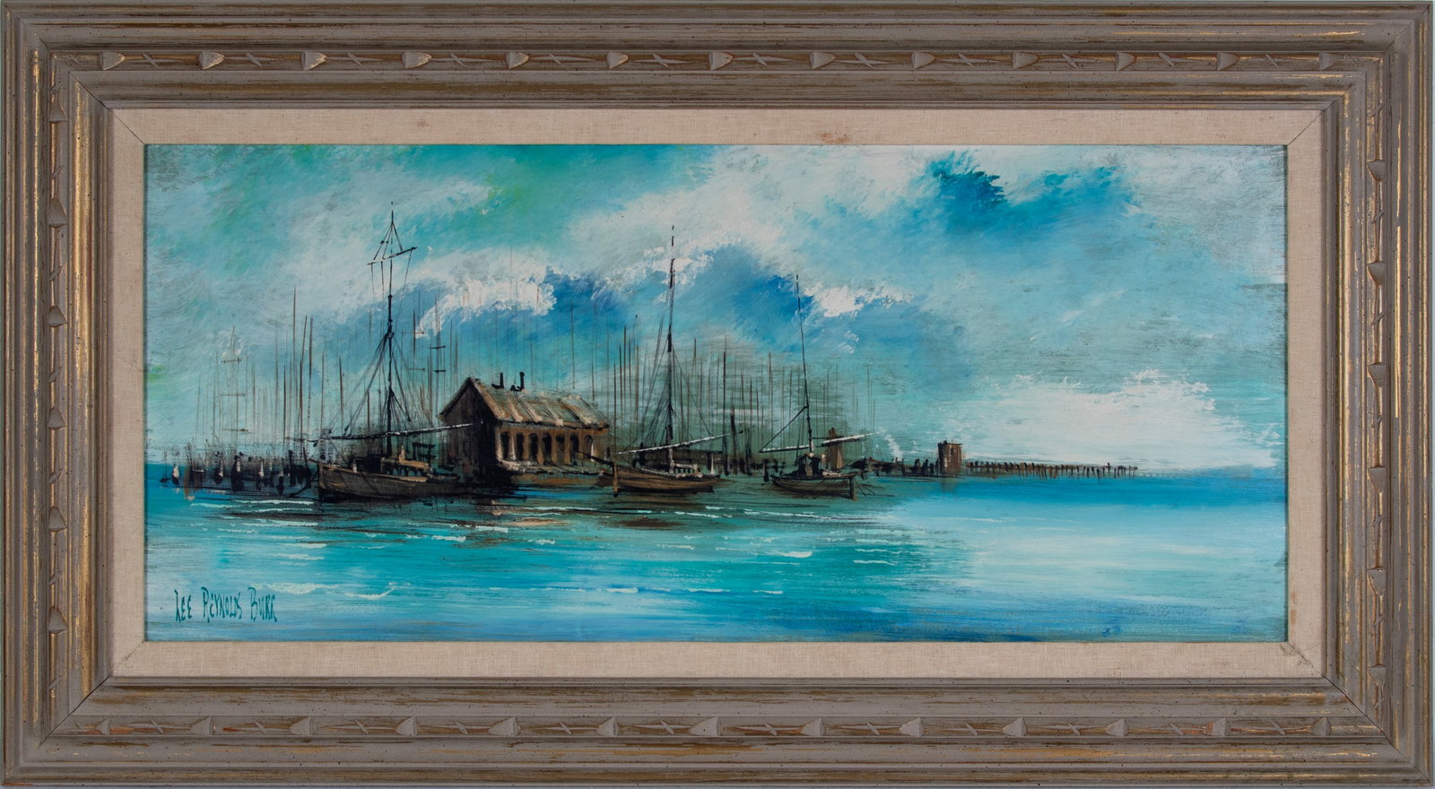 Lee Reynolds Burr (1936-2017) California: WATERFRONT, oil painting on wood panel, signed lower left, 16 x 36”, frame 24 ¼ x 44 ½”.