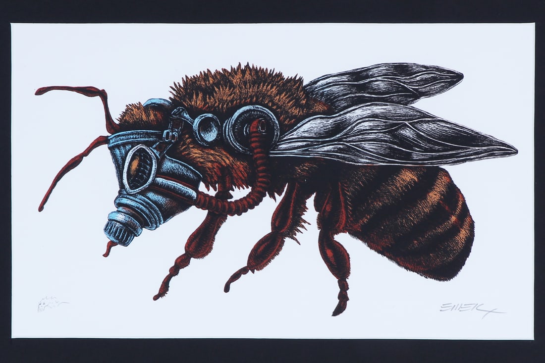 Emek (b. 1970) American Rock n Roll poster artist: ENDANGERED ORANGE HONEYBEE, color screenprint, signed and remarqued in pencil, sight 6 x 10”, frame 12 ½ x 16 ½” with glass.