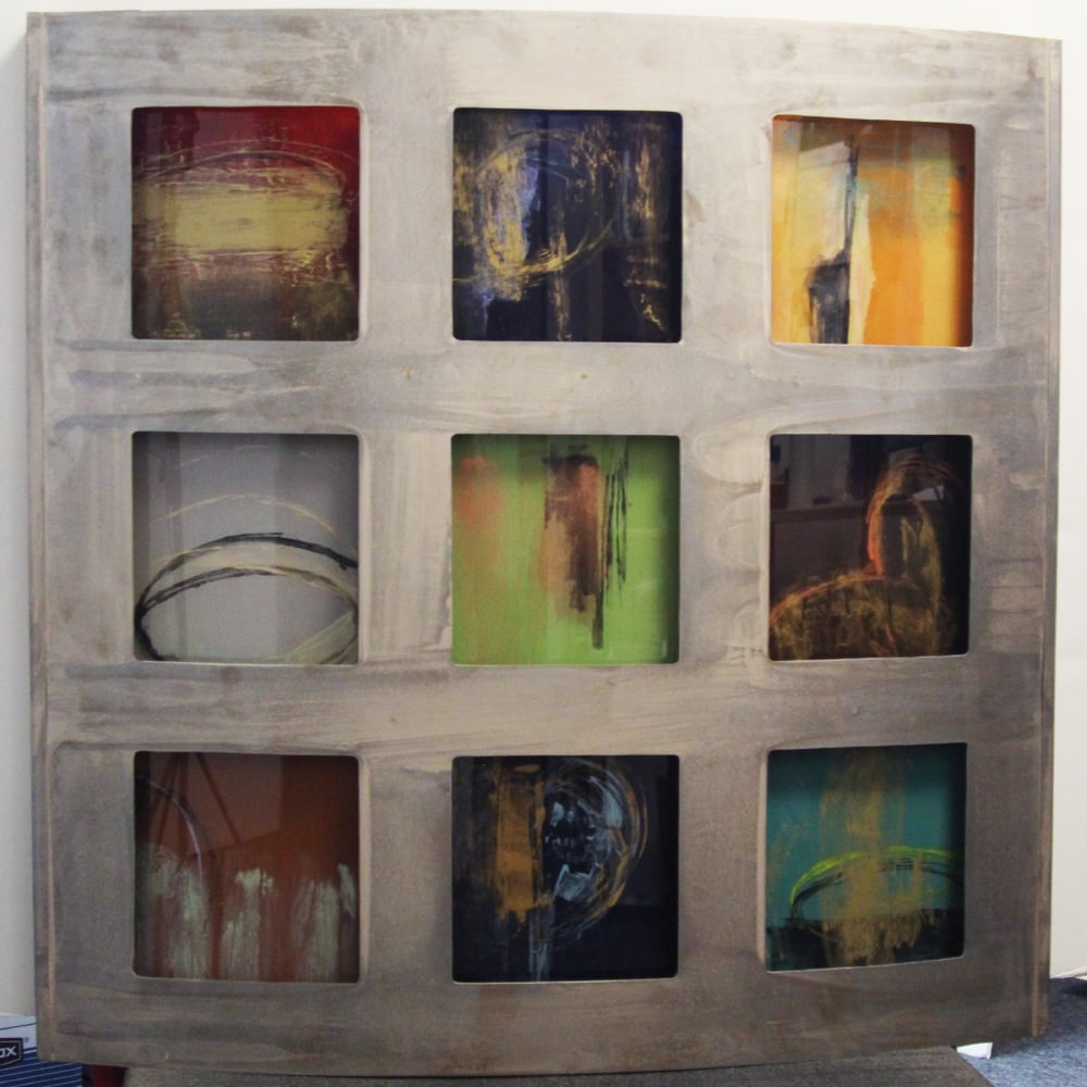 Jennifer Hollack (b. 1967) Texas Arizona: CELLINUS B, metal construction with acrylic painted plexiglass, signed in black ink lower right, overall 38 x 38 ½ x 4”.