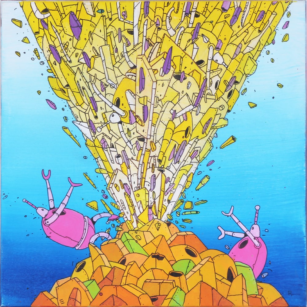 R. Nicholas Kuszyk aka R Robots (20th/ 21 st Century) American: ERUPTION, 2007, acrylic painting on wood panel, initialed lower right, signed and dated on verso, 9 ¾ x 9 ¾”.