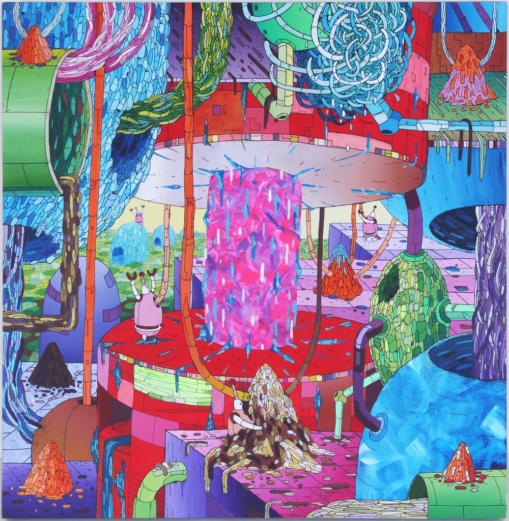 R. Nicholas Kuszyk aka R Robots (20th/ 21 st Century) American: POWER CYLINDER, 2012, acrylic painting on wood panel, signed and dated and inscribed “For Desert Island Comics Limited Print NYC & Youngblood Gallery Fifteen Year Anniversary Show, A+L” on ver