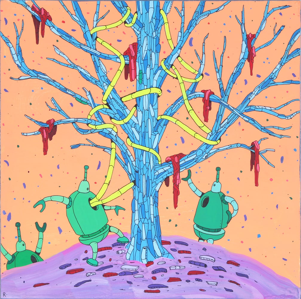 R. Nicholas Kuszyk aka R Robots (20th/ 21 st Century) American: TREE, 2012, acrylic painting on wood panel, initialed lower left, signed and dated on verso, 10 x 10”.