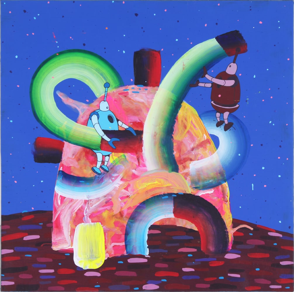 R. Nicholas Kuszyk aka R Robots (20th/ 21 st Century) American: RAINBOW ATTENDANT, 2012, acrylic painting on wood panel, initialed lower left, signed and dated on verso, 10 x 10”.