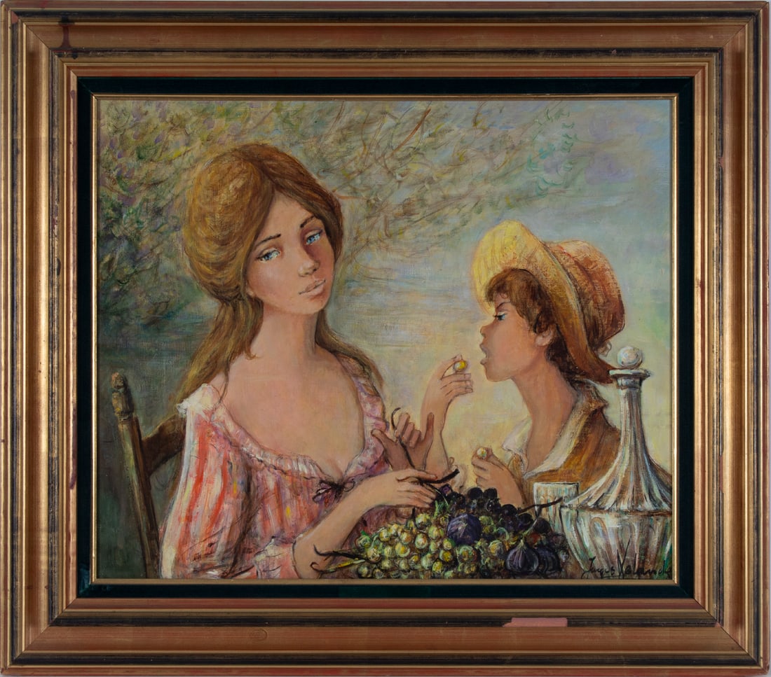 Jacques Lalande (1921-2003) French: MOTHER AND CHILD EATING GRAPES, oil painting on canvas, signed lower right, 18 x 21 ¾”, frame 25 x 28 ½”.
