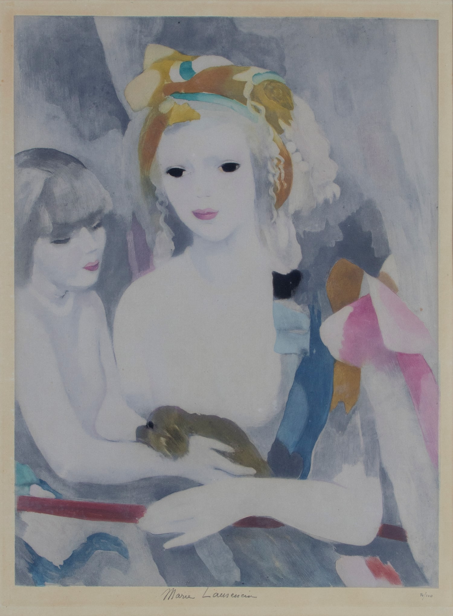 Marie Laurencin (1883-1956) French: DEUX JEUNES FEMMES AU PETIT CHIEN (Women with Child and Dog), color aquatint etching on chine colle over wove paper, signed and numbered 70/100 in pencil, image 22 ½ x 16 ¾”, full