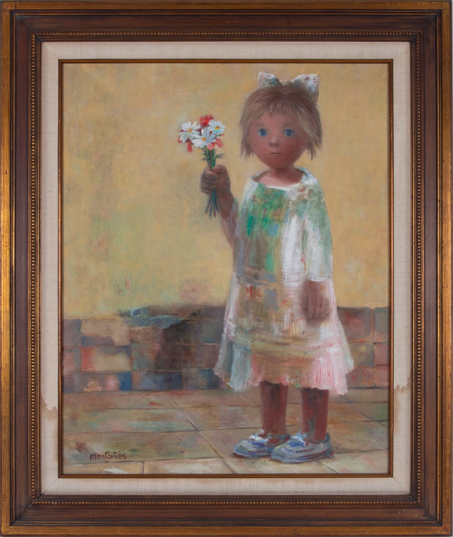 Jose Montanes (1919-1998) Spanish: BOUQUET FOR THE TEACHER, oil painting on canvas, signed lower left, 30 x 24”, frame 39 ¾ x 32 ½”.