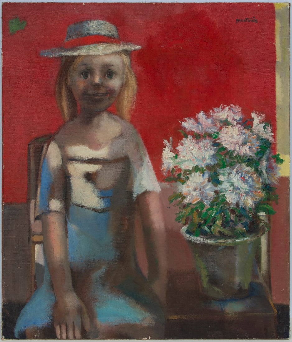 Jose Montanes (1919-1998) Spanish: GIRL WITH RED BANDANA, oil painting on canvas artist mounted to Masonite, signed upper right, titled on verso, 25 ¼ x 21 ½”.