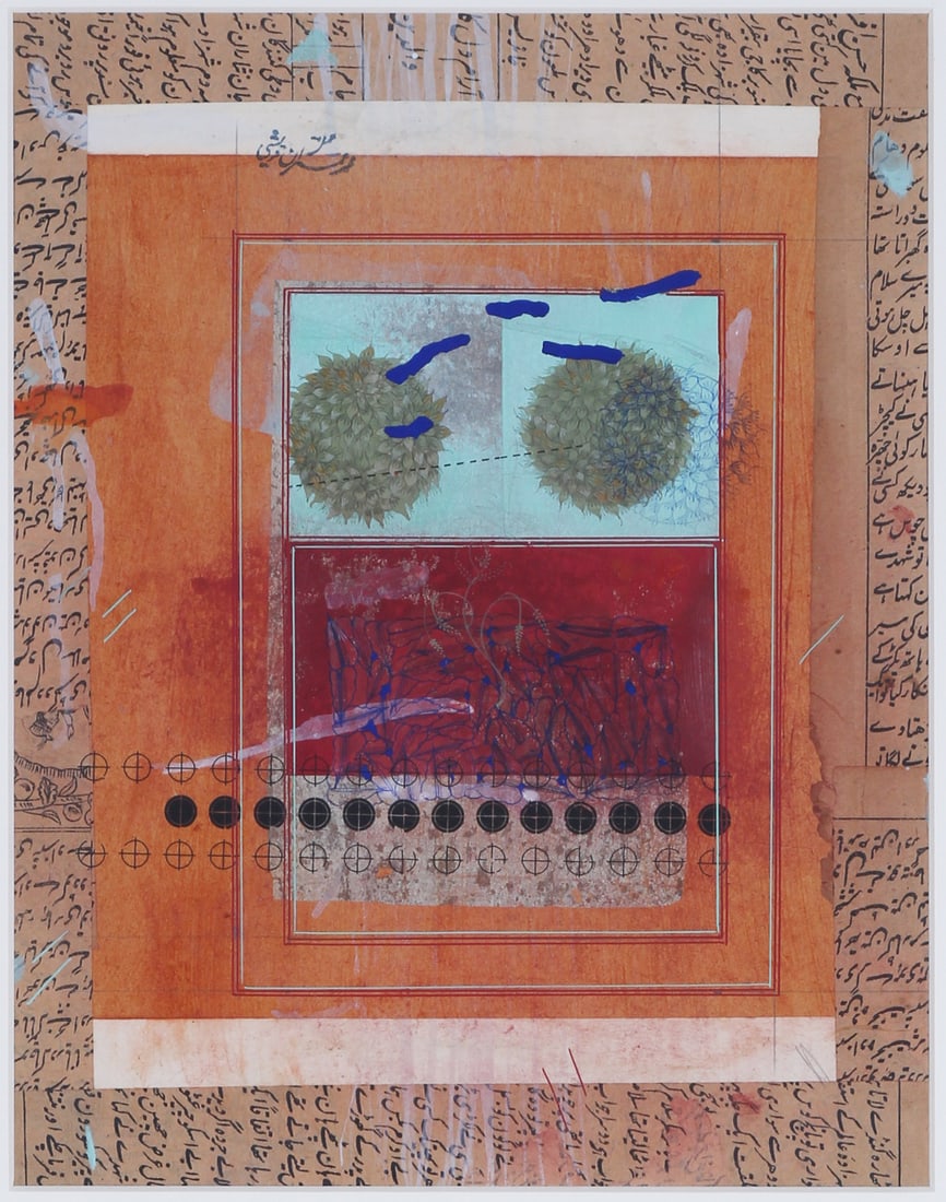 Imran Qureshi (b. 1972) Pakistan: PERFECT ENDING, 2003, opaque watercolor and Letraset transfer and gold leaf on Wasli paper, stamped upper center left, signed and dated on verso, sheet 11 ¼ x 9”, frame 20 ¼ x 16 &