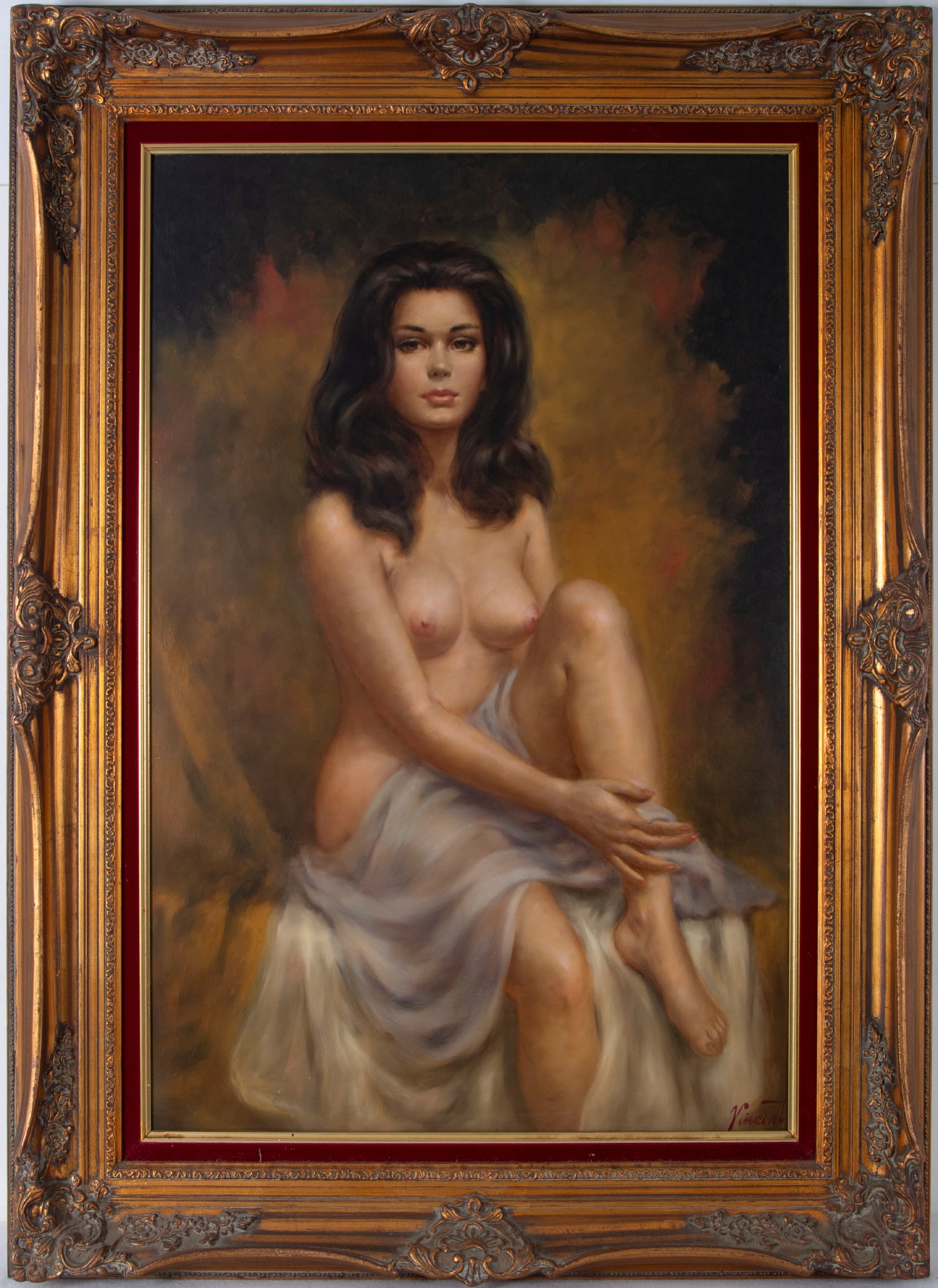 Vincent aka Larry Garrison (1923-2007) Michigan California: NUDE BEAUTY, oil painting on panel, signed lower right, copyright stamps and artist’s original label on verso, 36 x 24”, frame 46 ¼ x 34”.