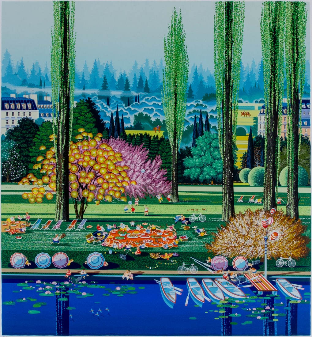 Hiro Yamagata (b. 1948) Japanese American: PICNIC (Jaynes page 155), 1985, color screenprint, with original graphite drawing of a squirrel lower left margin, signed and numbered 20/75 Roman numeral in pencil, printed by Accent Studio and publi