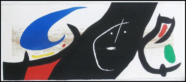 Joan Miro (1893-1983) Spanish: MAJA NEGRA (D.577), 1973, color aquatint with carborundum gravure, signed in pencil, from the numbered edition 50, sheet 24 x 54”, in Lucite box frame, two small rub spots upper left corner, rub spo