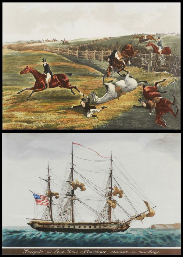after Henry Thomas Alken (six) & after Jean Jerome B: after Henry Thomas Alken, GRAND LEICHESTERSHIRE STEEPLE CHASE, 1829, plates III, IV, V, VI, VII, VIII, six color prints, images 10 x 14”, full margins with text, sheets 14 ½ x 18”; Together with