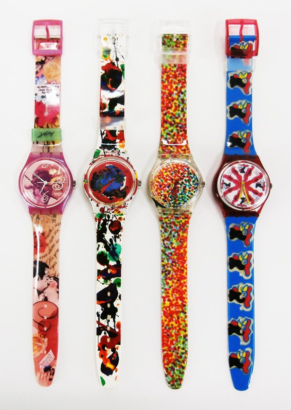 Sam Francis & other Swatch Watches (four): Collection of four limited edition Swatch watches: Sam Francis, 1992 Special Summer Edition Watch, signature in design, from a limited edition; Together with Be My Valentine, Atlanta 1996, Centennial