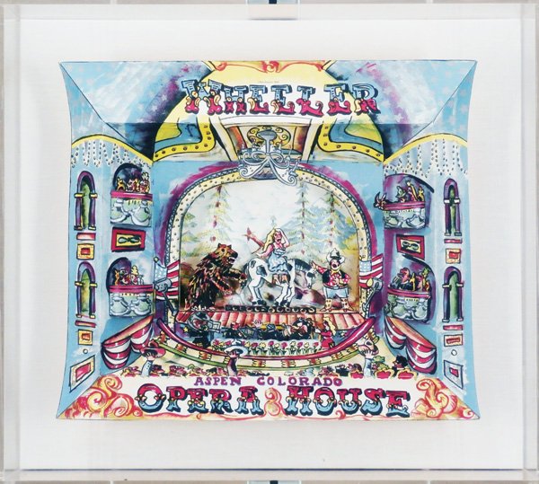 Red Grooms (b. 1937) American: WHEELER HOUSE, OPERA HOUSE, 1984, three dimensional color lithograph cut-out, 17 x 19 x 4”, mounted in Plexiglas box frame, apparently in good condition.