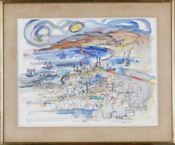Michael Holtz (20th Century) Israeli: PORT SCENE, watercolor on paper, 20 x 26”, framed with glass, pale toning, otherwise in good condition.