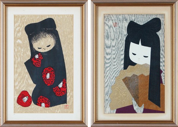 Kaoru Kawano (1916-1965) Japanese (two): YOUNG GIRLS, a pair of color woodblock prints, each with character stamps, one signed in pencil, sights 14 ¾ x 8 ¾” & 14 ½ x 8 ½”, both framed with glass, one with toning in the mat and possib