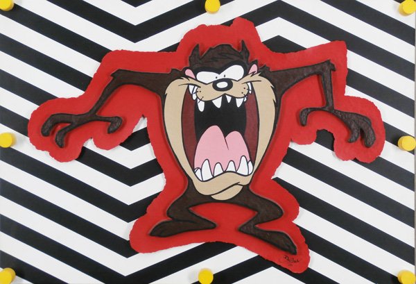 Neil Loeb (b. 1950) American: TAZMANIAN DEVIL, 1994, acrylic painting and cast paper on canvas with mixed media applique, signed and dated lower right, signed and dated and copyrighted on verso, from the edition 50, overall 36 x 5