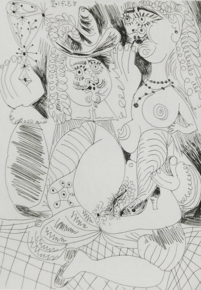 Pablo Picasso (1881-1973) Spanish: UNTITLED from the 156 Series (B.1925), etching, signature in the plate, from the numbered edition 50, image 8 x 5 ¾”, full margins, gold leaf framed. Provenance: Bellette Hofmann Fine Art Inc. New 