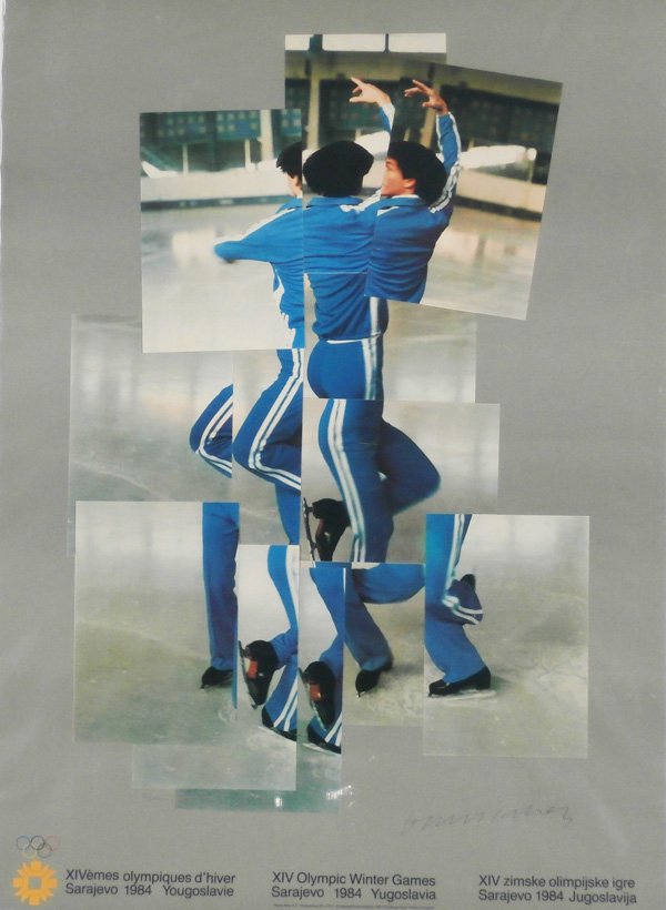 Poster Collection: David Hockney, Ed Paschke, Vict: David Hockney, SKATER, NY, 1982 from the 1984 XIV Winter Olympics Sarejevo, color poster, signed in ink, from a numbered edition 150, sheet 33 ½ x 24 ½”, Petersburg Press and David Hockney copyrig