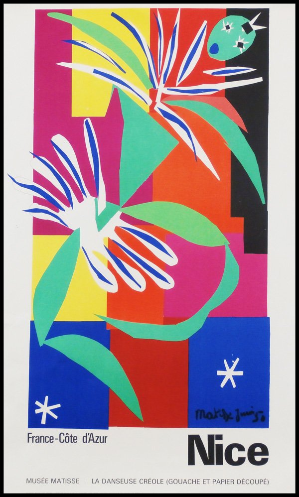 Poster Collection: Matisse, Miro (2), Magritte & E: Henri Matisse, MUSEE MATISSE, NICE, FRANCE COTE D’AZUR, offset color lithograph poster, 39 x 24 ½”, printed by Mourlot, published for and by the French government, creases and soft handling creas