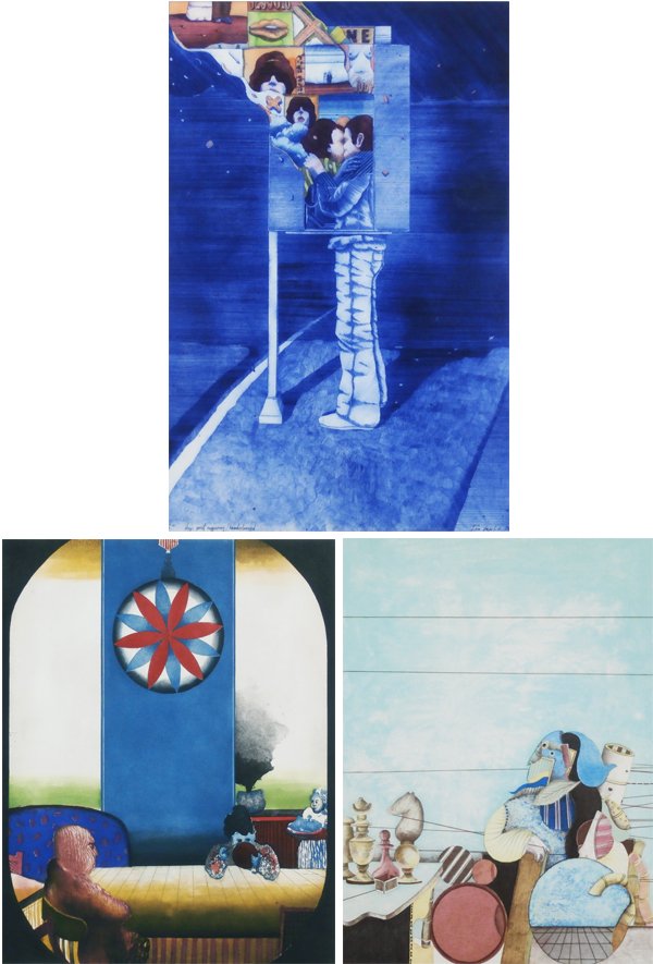 Jan Sawka (b. 1946) Polish & Elie Abrahami (b. 194: Jan Sawka, TELEPHONE BOOTH, 1980, hand colored drypoint etching, signed in pencil, from the numbered edition 40, sheet 30 x 22”, from the Ashkenazy collection; Together with Elie Abrahami, CHESS, 19