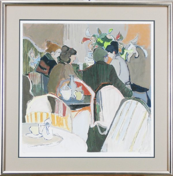 Itzchak Tarkay (b.1935) Yugoslavian/ Hungarian: DINERS, color lithograph, signed in pencil, from the numbered edition 250, image 27 x 27”, full margins, framed with glass.