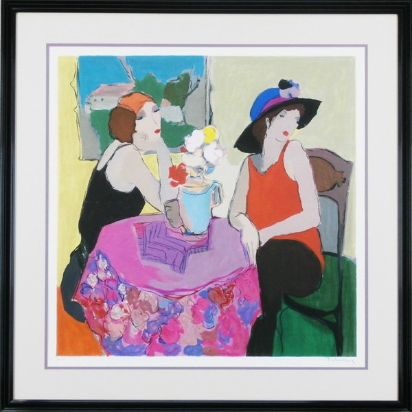 Itzchak Tarkay (b.1935) Yugoslavian/ Hungarian: WOMEN LUNCHING, color lithograph, signed in pencil, artist’s proof aside from the numbered edition, image 26 ½ x 26 ½”, full margins, framed with glass, a small printer’s crease in lower left 
