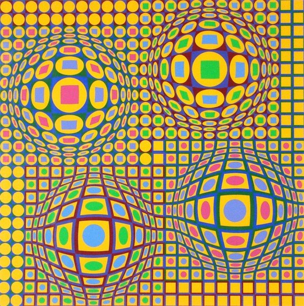 Victor Vasarely (1908-1997) Hungarian: UNTITLED FOUR GLOBES, color screenprint, signed in pencil, from the numbered edition 275, image 24 x 24”, full margins, creases and soft creases mainly in right margin with small area of associated 