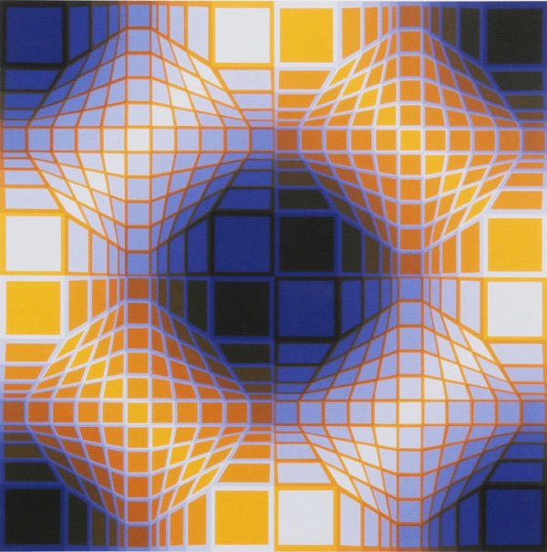Victor Vasarely (1908-1997) Hungarian: LAVENDER AND GOLD, color screenprint, signed in pencil, from the numbered edition 250, image 23 ¾ x 23 ¾”, full margins, soft handling creases, smudges, surface scuffs, otherwise in good condition