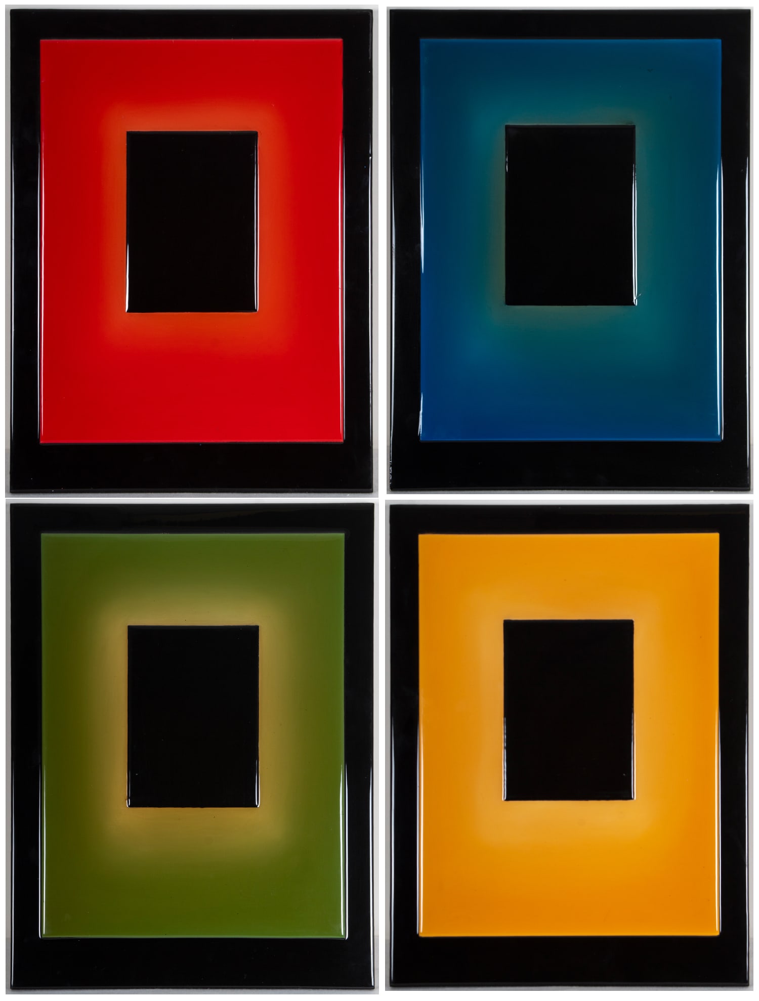 Richard Godfrey (20 th Century) California (four): RED; BLUE; MOSS/ LIME GREEN; YELLOW, 1996, four oil and varnish on wood panels, each with artist’s stamp on verso, each 24 x 18”. Provenance: Patricia Correia Gallery, Santa Monica. (4)