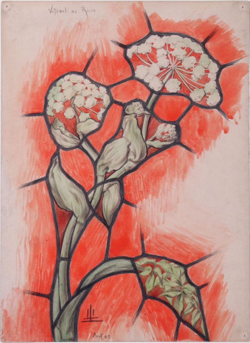 Leon Laugier (1879-1962) French: VITRAIL AU RICIN, 1903, watercolor and color pencil on paper, signed and dated lower center, 16 ½ x 12”.