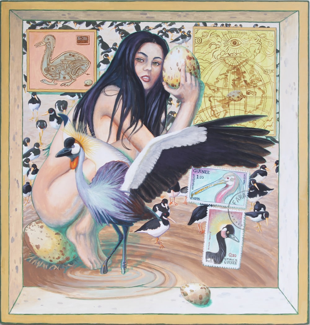 Ralph Massey (b. 1938) California: THE EGG THIEF, 2013, acrylic painting on panel, signed and dated lower right side, 24 ¼ x 23”.