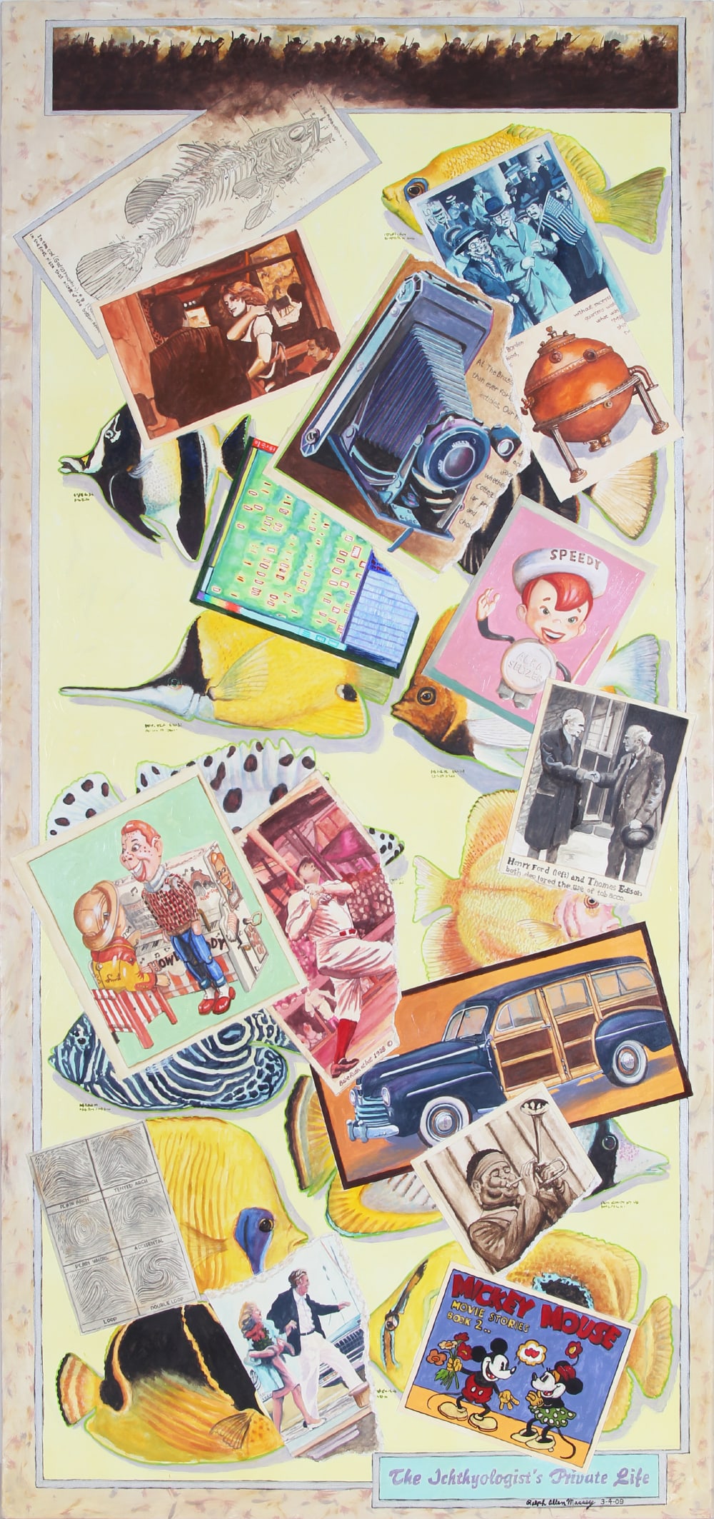 Ralph Massey (b. 1938) California: THE ICHTHYOLOGIST’S PRIVATE LIFE, 2009, acrylic painting on panel with collage, signed and dated lower right, 48 ¾ x 23”.
