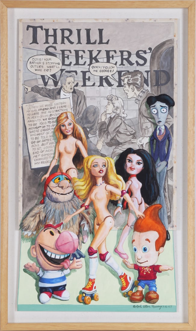 Ralph Massey (b. 1938) California: THRILL SEEKER’S WEEKEND, 2007, gouache on panel, signed and dated lower right, 24 x 13”, frame 27 x 16” with plexiglass.