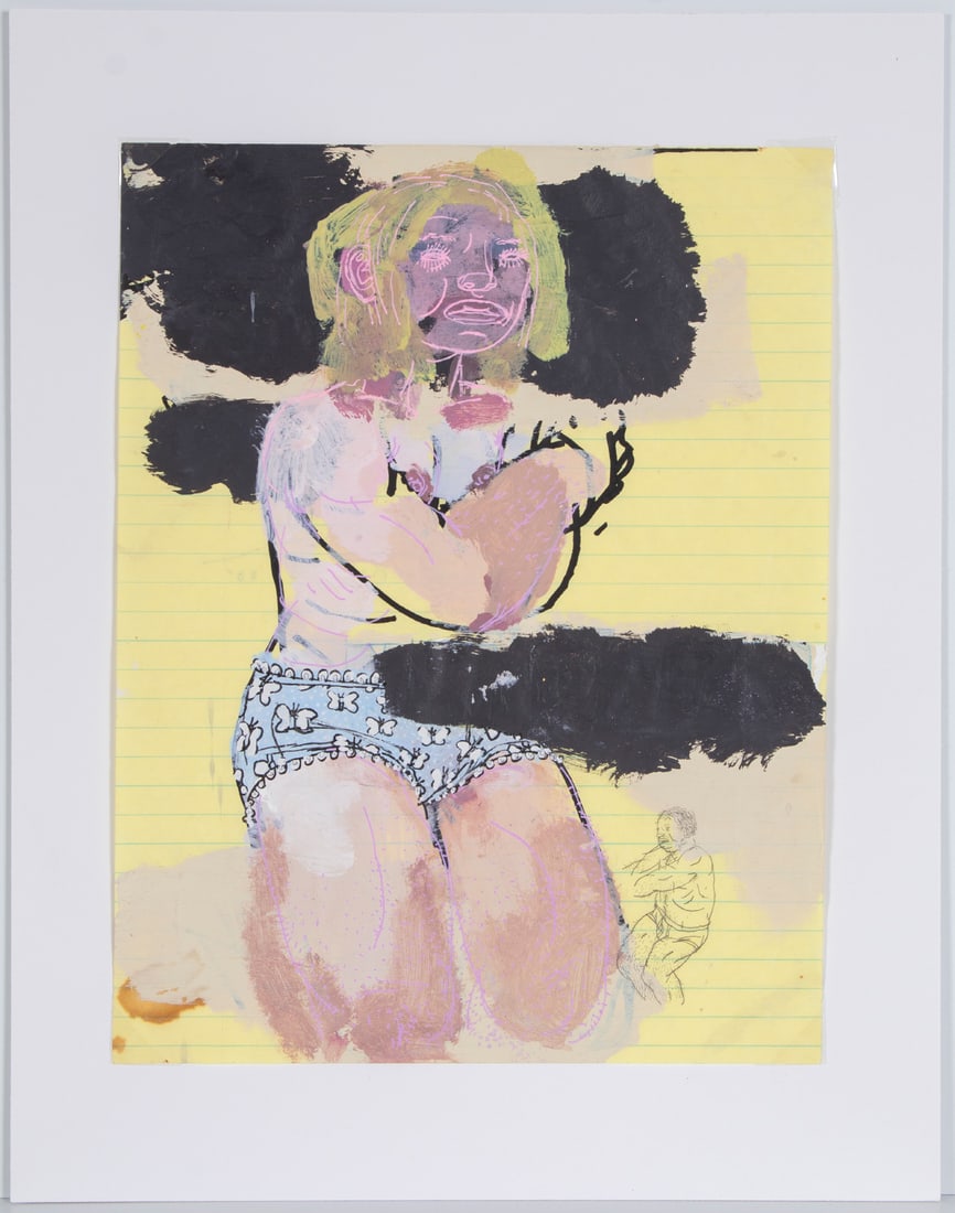 Taylor McKimens (b. 1976) New York: UNTITLED DRAWING WITH GIRL, 2000, acrylic paint and marker and pencil on lined paper, signed and titled and dated in pencil on verso, 11 x 8 ½”, mat 14 x 11”. From the Stephen Cohen