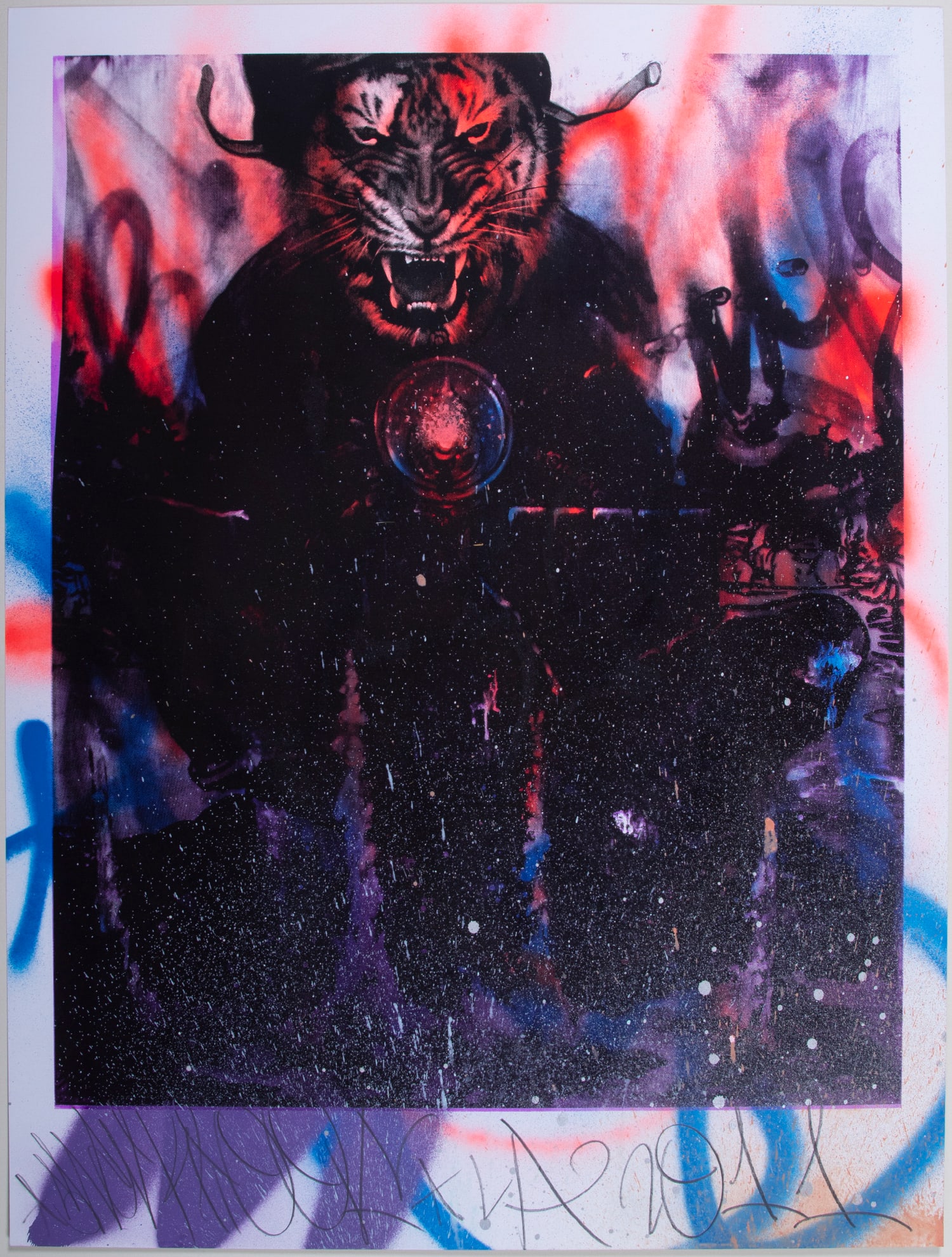 Shark Toof (20th/ 21st Century) Chinese/Californian Street Artist: TIGER, 2011, extensive spray painting and tagging over color screenprint, signed in pencil lower center, from the numbered edition 30, numbered in pencil on verso, unidentified blind stamp lower right