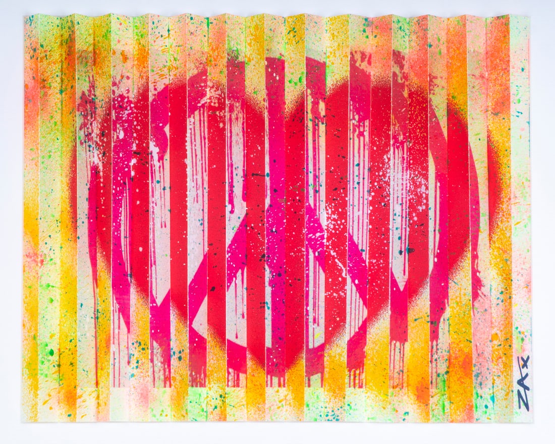 E. M. Zax (20 th / 21 st Century) California: PEACE & LOVE, unique hand-painted 3-D polymorph, signed lower right side, 12 x 15 x 1”, frame 19 ½ x 22 ½ x 1 ¾” with plexiglass, with artist’s certificate on verso