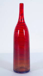 Simone Cenedese  (b. 1974) Italian: Murano glass red stripped color glass vase, signed underneath, 12&rdquo; tall.