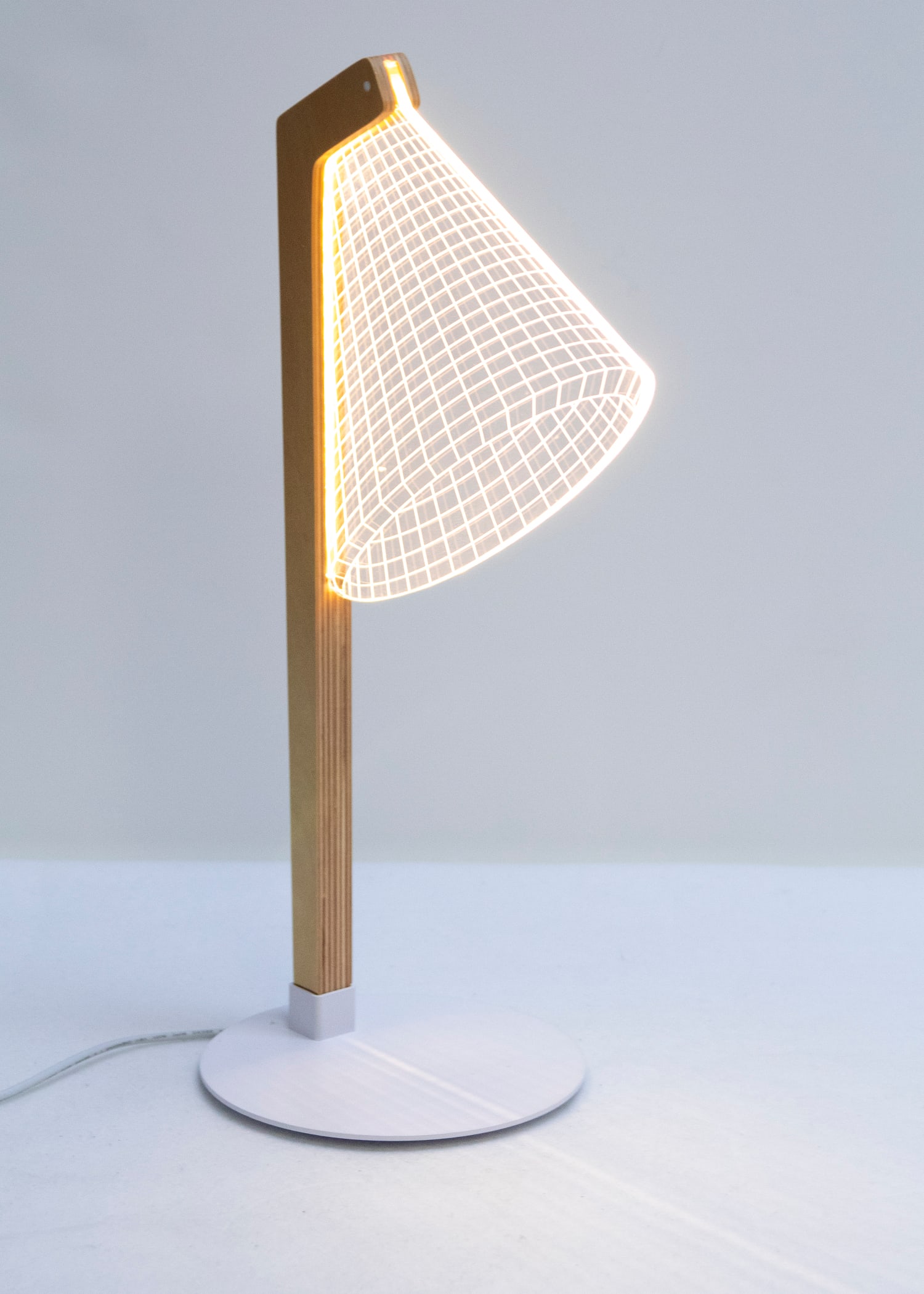 Lamp: Studio Cheha: DESKI design dimmable LED desk lamp with plexiglass, wood and metal base, hallmark underneath, 16” tall, 6” diameter base.