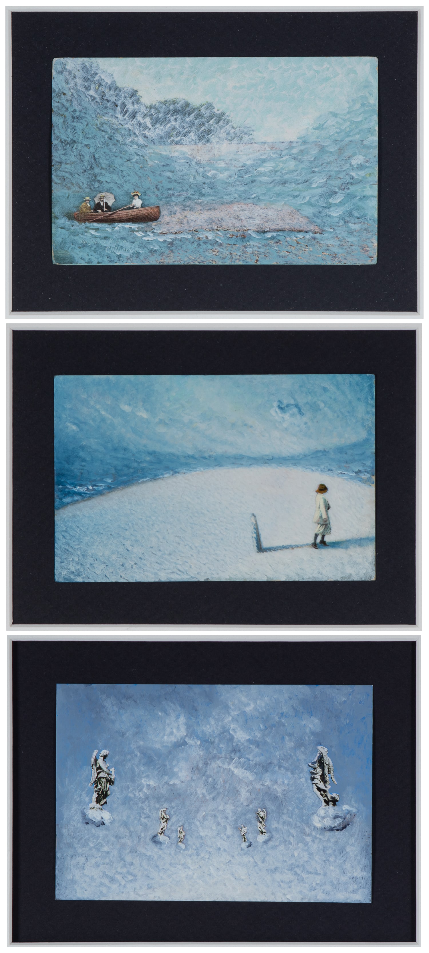 Lino Mannocci (1945-2021) Italian English (three): VARIOUS, 1992, three acrylic paintings on 4 x 6” postcards, each signed and or inscribed and two dated on verso, each matted 13 ½ x 14 ½”. (3)