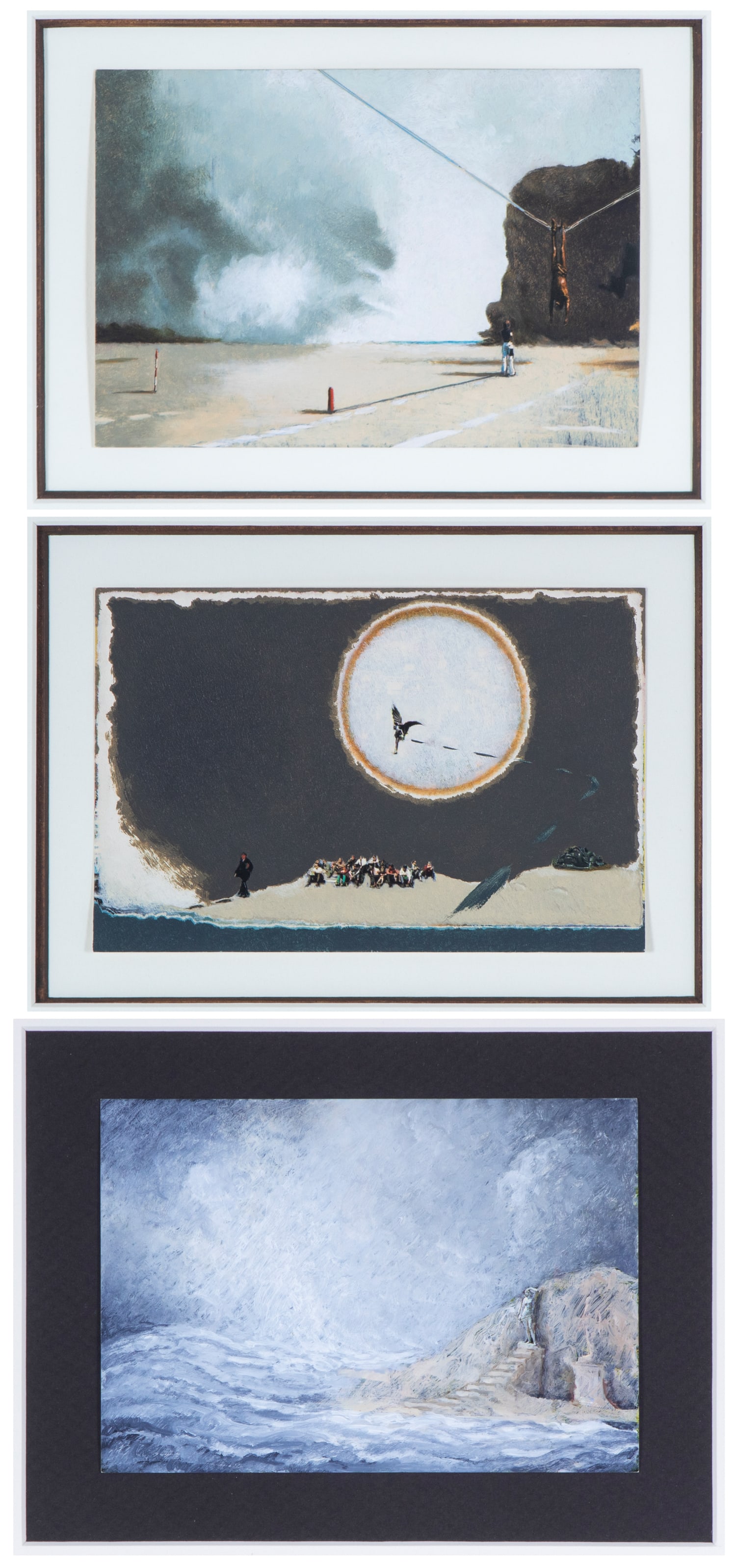 Lino Mannocci (1945-2021) Italian English (three): VARIOUS, three acrylic paintings on 4 x 6” postcards, each probably signed and or inscribed on verso, each framed, one 15 ½ x 16 ½ x 2”, two 14 ¼ x 15 ¾ x 1 &fr