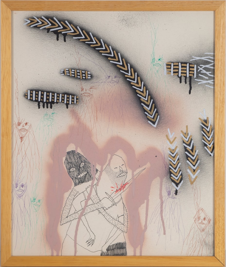 Alex Montijo (20 th / 21 st Century): HOSTAGE SITUATION, 2004, spray paint with acrylic and colored ink drawing on paper, signed and titled and dated on verso, 18 x 15”, frame 19 x 16”. From the Stephen Cohen Collection, Los A