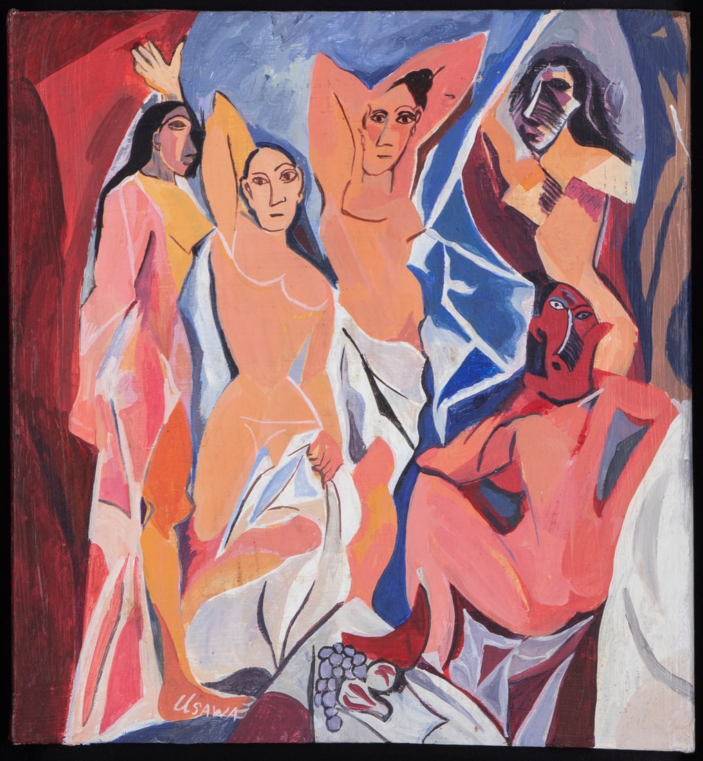 Usawa after Picasso (20 th / 21 st Century): LES DEMOISELLES D’AVIGNON, acrylic painting on panel, signed lowered left, 10 x 9 ¼”, frame 14 ½ x 14”. From the Stephen Cohen Collection, Los Angeles.