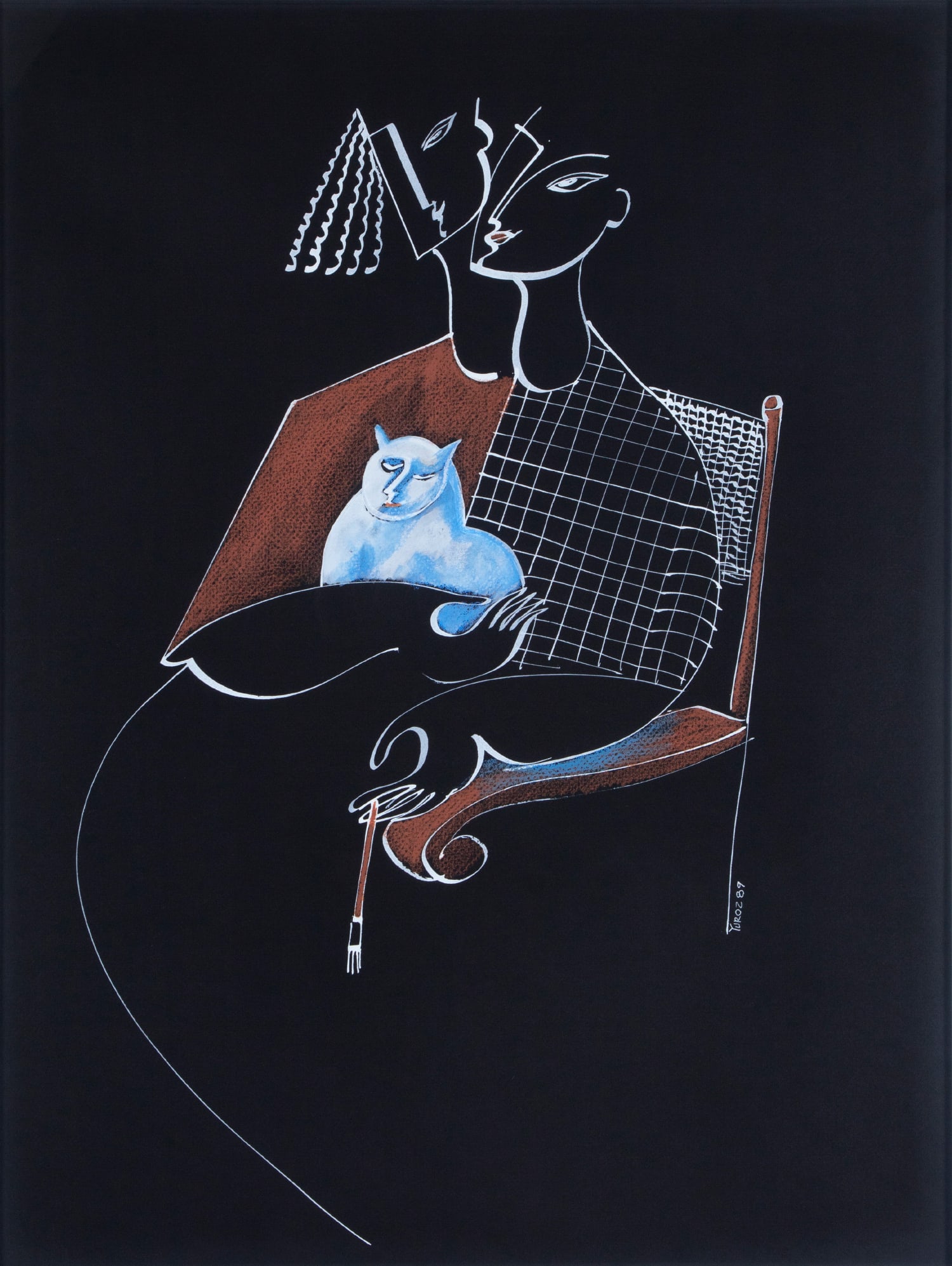 Yuri Yuroz (b. 1956) Armenian: WHITE CAT, 1989, watercolor on black paper, signed and dated lower right, sight 25 x 18 ½”, framed with glass 36 x 29 ½”.